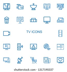 Editable 22 tv icons for web and mobile. Set of tv included icons line Monitor, Video, Satellite dish, Tv, Popcorn, Billboard, Sofa, Screen, Electronics, Film on white background
