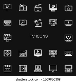 Editable 22 tv icons for web and mobile. Set of tv included icons line Billboard, Television, Clapperboard, Vga, Movie, Monitor, Screen, Vhs, Video, Tv on black background