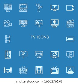 Editable 22 tv icons for web and mobile. Set of tv included icons line Monitor, Cinema, Film director, Television, Video, Advertisement, Clapperboard, Film on blue background