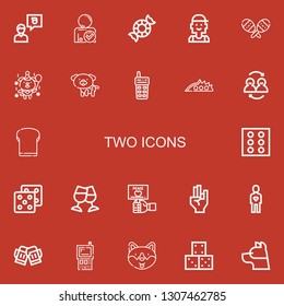 Editable 22 two icons for web and mobile. Set of two included icons line Friend, Peppermint, Checker, Maracas, Dog, Walkie talkie, Knuckle, Friends, Toast, Dice on red background