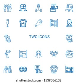 Editable 22 two icons for web and mobile. Set of two included icons line Toast, Hands, Peace, Couple, Champagne glass, Hand, Bunk bed, Checker, Maraca, Dog on white background