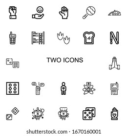 Editable 22 two icons for web and mobile. Set of two included icons line Hand, Maraca, Knuckle, Walkie talkie, Bunk bed, Footprint, Toast, Key ring, Dice, Hands on white background