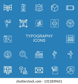 Editable 22 typography icons for web and mobile. Set of typography included icons line d, Wedding sign, d cube, Graphic tablet, Graphic designer, Typography on blue background