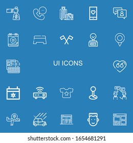 Editable 22 ui iconos para web y móvil. Conjunto de ui incluidos los iconos línea Bolso de dinero, Teléfono, Viajes, Aplicación médica, Chat, Calendario, Paso, Bandera, Trofeo, Ubicación, Marco alambrado en fondo azul