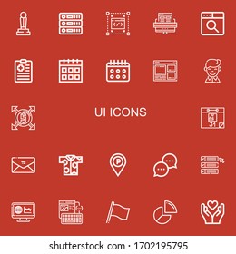 Editable 22 ui icons for web and mobile. Set of ui included icons line Trophy, Database, Browser, Web design, Clipboard, Calendar, Boy, Expand, Envelope, Shirt on red background