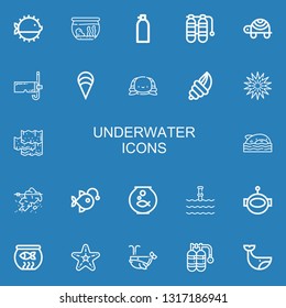 Editable 22 underwater icons for web and mobile. Set of underwater included icons line Puffer fish, Fishbowl, Oxygen, Oxygen tank, Turtle, Diving mask, Clam on blue background