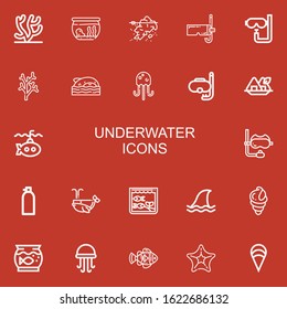 Editable 22 underwater icons for web and mobile. Set of underwater included icons line Coral, Fishbowl, Iceberg, Diving mask, Dive, Shark, Jellyfish, Diving on red background