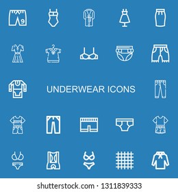 Editable 22 underwear icons for web and mobile. Set of underwear included icons line Shorts, Swimsuit, Bathrobe, Fashion, Skirt, Clothing, Brassiere, Diaper on blue background