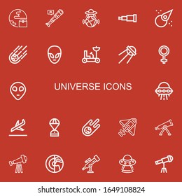 Editable 22 universe icons for web and mobile. Set of universe included icons line Planet, Telescope, Ufo, Asteroid, Meteorite, Alien, Moon rover, Sputnik, Venus on red background