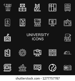 Editable 22 university icons for web and mobile. Set of university included icons line Graduation, Museum, Owl, Books, Bookcase, Book, Class, Online education on black background