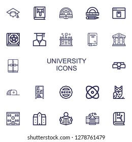 Editable 22 university icons for web and mobile. Set of university included icons line Mortarboard, Book, Protractor, Elearning, Graduate, Chemistry, Courthouse on white background