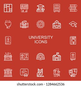Editable 22 university icons for web and mobile. Set of university included icons line Books, Book, Education, Bookcase, Learning, Courthouse, Cap, School, Mortarboard on red background