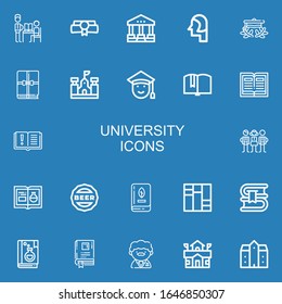 Editable 22 iconos universitarios para web y móvil. Conjunto de universidades incluían íconos de la línea Profesora, Diploma, Tribunal, Estudiante, Límite de Graduación, Libro, Escuela, Graduado con fondo azul.
