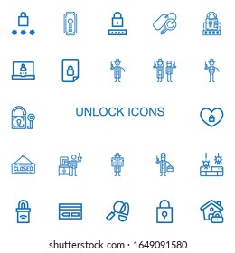 Editable 22 iconos de desbloqueo para web y móvil. Juego de iconos de desbloqueo incluido línea Contraseña, Keyhole, Keys, Login, Locked, Detective, Padlock, Closed, Desprotegido en el fondo blanco