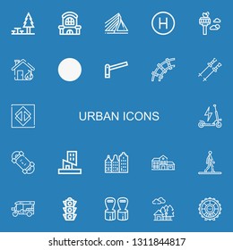 Editable 22 urban icons for web and mobile. Set of urban included icons line Rest area, Mall, Rotterdam, Hotel, Control tower, House, Escalator, Parking, Railway on blue background
