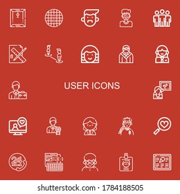 Editable 22 user icons for web and mobile. Set of user included icons line Dossier, Grid, Avatar, Virtual reality, Team, Edit tools, Placeholder, Woman, Businessman on red background
