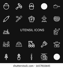 Editable 22 utensil icons for web and mobile. Set of utensil included icons line Pot, Paint roller, Knife, Pan, Rolling pin, Eyedropper, Kettle, Cooker, Pottery on black background
