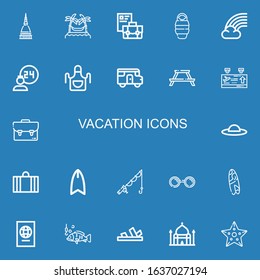 Editable 22 vacation icons for web and mobile. Set of vacation included icons line Mole antonelliana, Hammocks, Briefcase, Sleeping bag, Rainbow, Room service on blue background