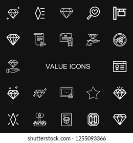 Editable 22 value icons for web and mobile. Set of value included icons line Diamond, Favorites, Sign, Certificate, Certification, Favourite, Gem on black background