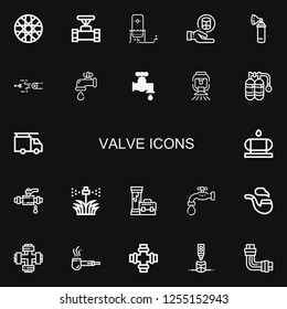 Editable 22 valve icons for web and mobile. Set of valve included icons line Spoke wheel, Pipe, Oxygen, Cylinder, Blowpipe, Water tap, Faucet, Sprinkler, Plumber on black background