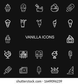 Editable 22 iconos de vainilla para web y móvil. Conjunto de vainilla incluido íconos línea helado, asador, yogur congelado, crema, especias, pápsula sobre fondo negro