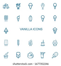 Bearbeitbar 22 Vanillesymbole für Web und Mobile. Vanille-Set inklusive Ikonen-Reihe Eiscreme-LKW, Eiscreme, Popsikel, gefrorener Jogurt auf weißem Hintergrund
