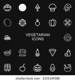 Editable 22 vegetarian icons for web and mobile. Set of vegetarian included icons line Salad, Eco oil, Watermelon, Mushroom, Lemon, Dragon fruit, Beet, Pepper on black background