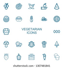 Editable 22 vegetarian icons for web and mobile. Set of vegetarian included icons line Blueberry, Pizza, Chili, Apple, Watermelon, Fruit, Salad, Corn, Mushroom on white background