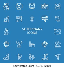 Editable 22 veterinary icons for web and mobile. Set of veterinary included icons line Fleas, Veterinary, Hamster, Veterinarian, Bird house, Collar, Pet on blue background
