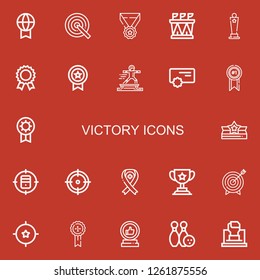 Editable 22 victory icons for web and mobile. Set of victory included icons line Prize, Target, Medal, Stadium, Award, Sport, Reward, Ribbon, Trophy, Bowling on red background