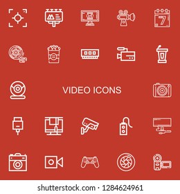 Editable 22 video icons for web and mobile. Set of video included icons line Focus, Billboard, Monitor, Video, Events, Film, Popcorn, Ram, Conference, Webcam on red background