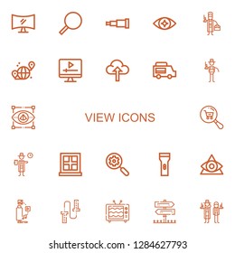 Editable 22 view icons for web and mobile. Set of view included icons line Television, Magnifying glass, Telescope, Eye, Detective, Grid, Screen, Upload, Food truck on white background