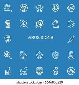 Bearbeitbare 22 Virus-Icons für Web und Mobile. Virusset enthält Symbole der Linie Wissenschaft, Biogefährdung, Schutz, Schild, Sicherheit, Virus, Zellen, Trojaner, Impfstoff auf blauem Hintergrund