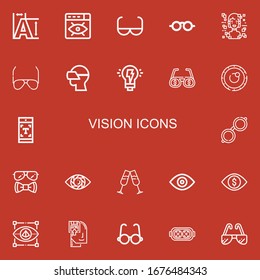 Editable 22 vision icons for web and mobile. Set of vision included icons line Typography, Vision, Sun glasses, Sunglasses, Hologram, Vr glasses, Creativity on red background