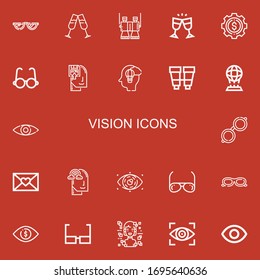 Editable 22 iconos de visión para web y móvil. Conjunto de visión incluido iconos línea Gafas, Binoculares, Desarrollo, Memorizar, Imaginación, Holograma, Ver, Carta sobre fondo rojo