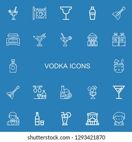 Editable 22 vodka icons for web and mobile. Set of vodka included icons line Cocktail, Bar, Shaker, Balalaika, Martini, Alcoholic drink, Brandy, Barman, Vodka on blue background
