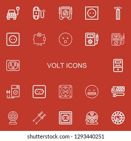 Editable 22 volt icons for web and mobile. Set of volt included icons line Electric, Wire, Multimeter, Socket, Wiring, Shocked, Voltmeter, Ammeter, Tesla ball on red background
