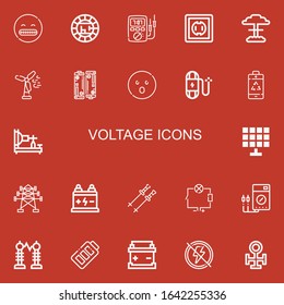 Editable 22 voltage icons for web and mobile. Set of voltage included icons line Shocked, Electric, Ammeter, Socket, Nuclear, Wind turbine, Battery, Wire, Electric telegraph on red background