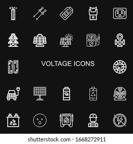 Editable 22 voltage icons for web and mobile. Set of voltage included icons line Wire, Poles, Battery, Stun gun, Socket, Electric tower, Solar panel, Ammeter on black background