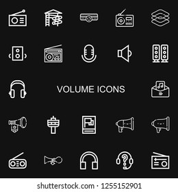 Editable 22 volume icons for web and mobile. Set of volume included icons line Radio, Slider, Amplifier, Dimensions, Speakers, Audio, Speaker, Headphones, Megaphone on black background