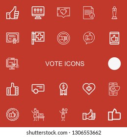 Editable 22 vote icons for web and mobile. Set of vote included icons line Thumbs up, Web, Like, Done, Award, Merit, Red cross, Thumb down, Check in, Reward on red background