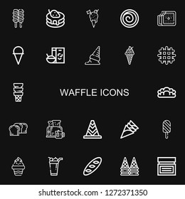 Editable 22 waffle icons for web and mobile. Set of waffle included icons line Ice cream, Pancake, Cinnamon roll, Breakfast, Waffle, Bread, Cone, Cream on black background