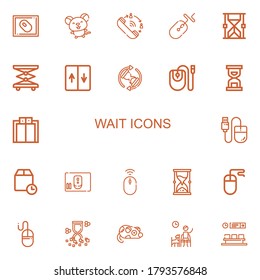 Editable 22 wait icons for web and mobile. Set of wait included icons line Mouse, Queue, Hourglass, Elevator, Waiting, Wait time, Waiting room on white background