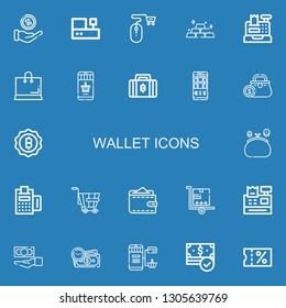 Editable 22 wallet icons for web and mobile. Set of wallet included icons line Money, Cashbox, Online shop, Gold, Cash register, Shopping, Online shopping, Bitcoin on blue background