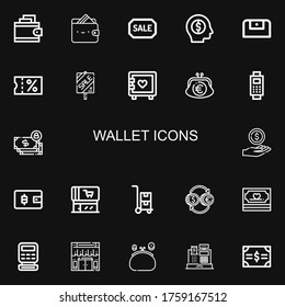 Editable 22 wallet icons for web and mobile. Set of wallet included icons line Wallet, Sale, Money, Purse, Strongbox, Payment, Supermarket, Trolley, Currency on black background