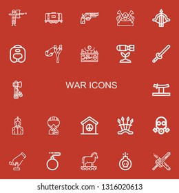 Editable 22 war icons for web and mobile. Set of war included icons line Paintball, Tank, Revolver, Shogun, Crossbow, Boxing helmet, Slingshot, Bomb, Sword, Tomahawk on red background