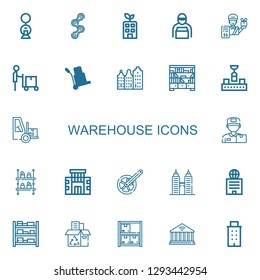 Editable 22 warehouse icons for web and mobile. Set of warehouse included icons line Building, Chain, Delivery man, Logistic, Shelves, Conveyor, Forklift, Shelf on white background