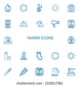 Editable 22 warm icons for web and mobile. Set of warm included icons line Fire, Sun, Temperature, Heater, Winter hat, Shoe, Hair dryer, Rain, Thermos, Bonfire on white background