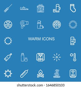 Editable 22 warm icons for web and mobile. Set of warm included icons line Thermometer, Shoes, Heater, Thermo, Socks, Radiation, Hairdryer, Sun, Thermos, Coat on blue background