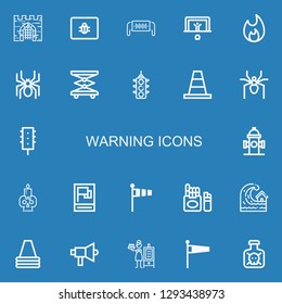 Editable 22 warning icons for web and mobile. Set of warning included icons line Gate, Spam, Safety mask, Penalty, Bonfire, Spider, Elevator, Traffic light on blue background